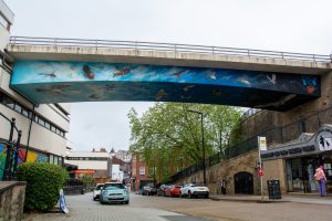 Artwork on bridge in Stockport town centre